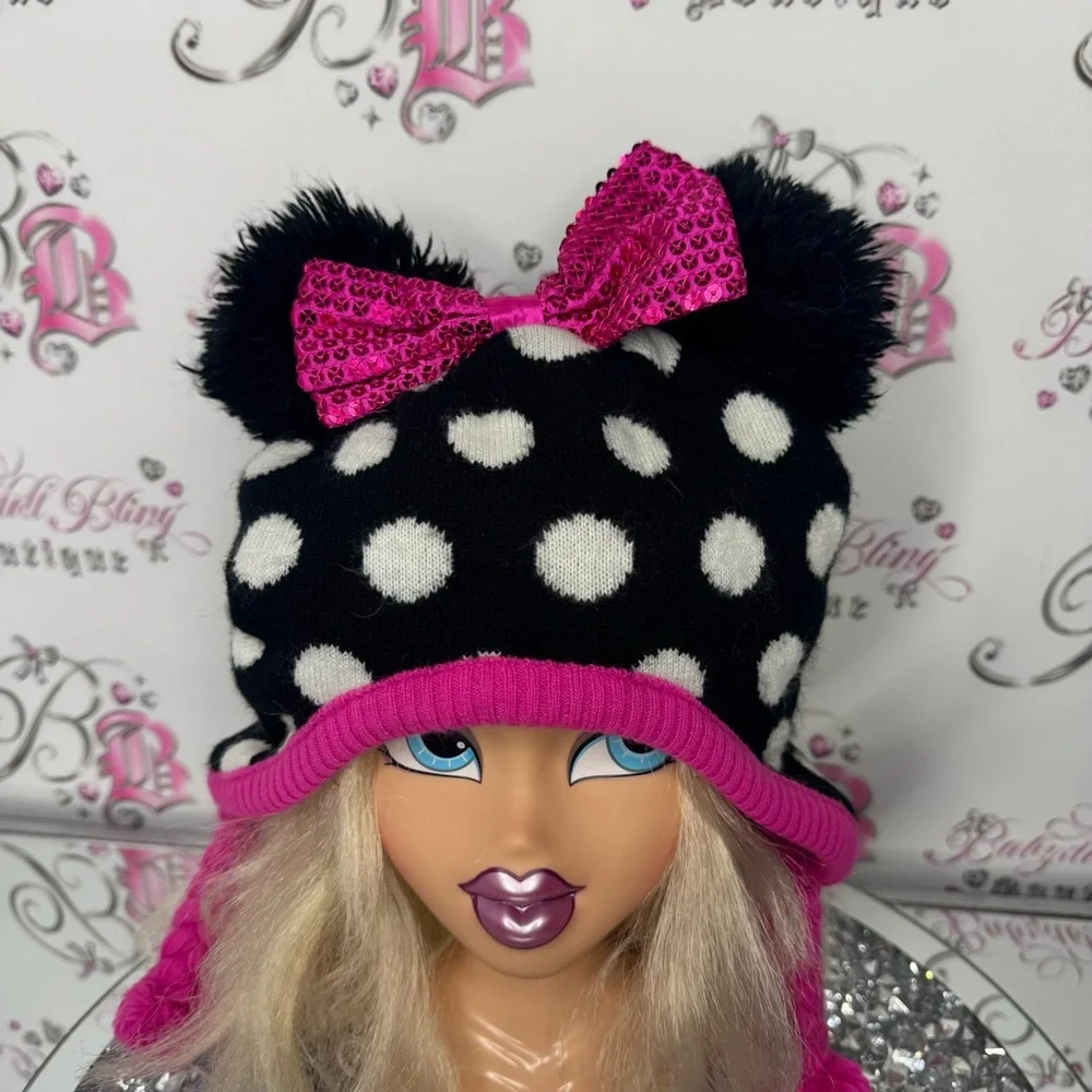 Disney hat touque bow ribbon 🎀 ears Minnie Mouse Polka Dot Hat Pink Accents